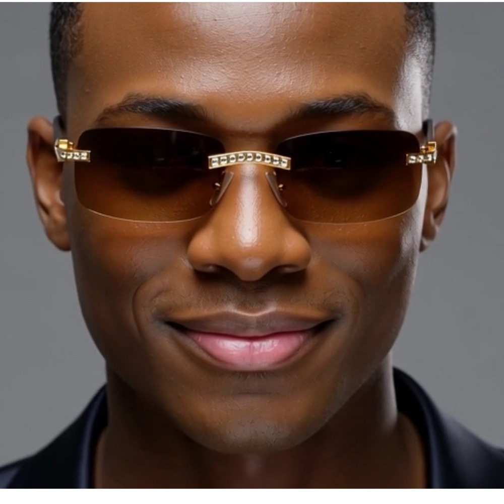 Rimless Sunglasses Gold Rhinestone Wood Arms Brown Lens Men Hip Hop Square Style